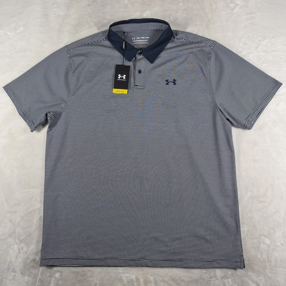 Under Armour The Performance Polo Shirt Men's XXL 2XL Blue White Stripe Golf NWT